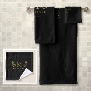 Black And Gold Modern Elegant Floral Monogram Name Bath Towel Set