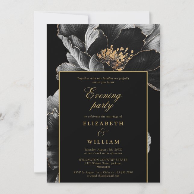 Black And Gold Modern Floral Evening Party Wedding Invitation (Front)