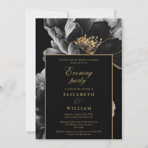 Black And Gold Modern Floral Evening Party Wedding Invitation