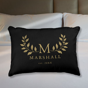 Black And Gold Modern Floral Monogram Family Name Decorative Cushion
