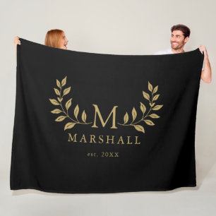 Black And Gold Modern Floral Monogram Family Name Fleece Blanket