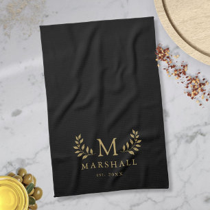 Black And Gold Modern Floral Monogram Family Name Tea Towel