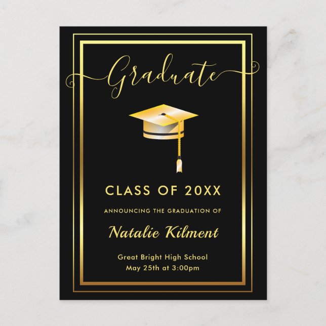 Black and Gold Modern Graduate Cap Graduation Announcement Postcard (Front)