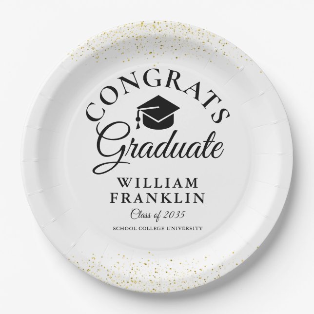 Black And Gold Modern Graduation Party Paper Plate (Front)