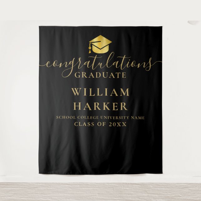 Black And Gold Modern Graduation Photo Backdrop Tapestry (Front)