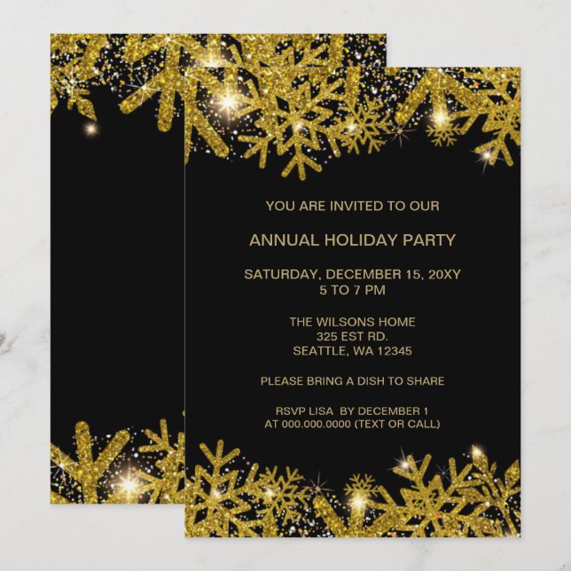 Black and Gold Modern Holiday Party  Invitation (Front/Back)