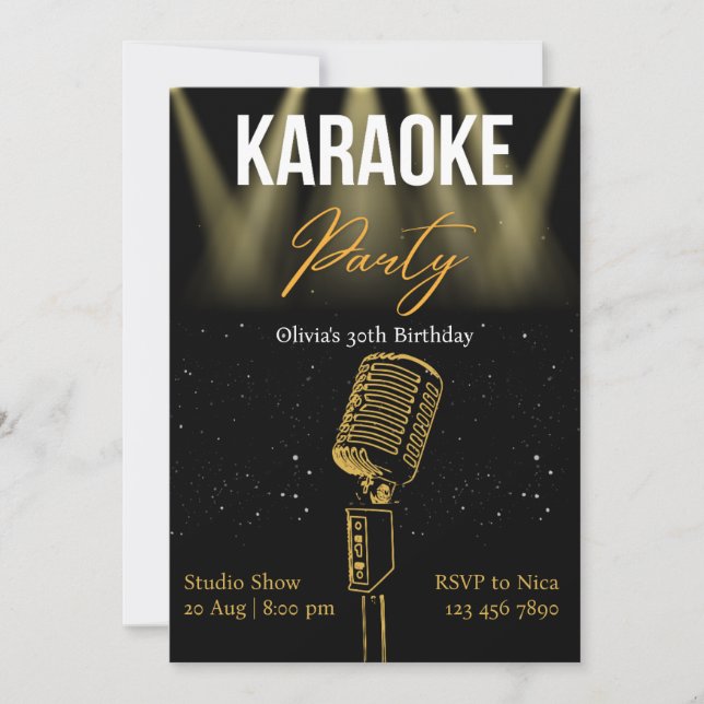 Black and Gold Modern Karaoke Birthday Party Invitation (Front)