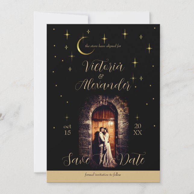Black and Gold Modern Minimal Celestial 2 Save The Date (Front)