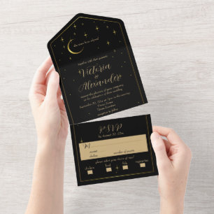 Black and Gold Modern Minimal Celestial All In One Invitation