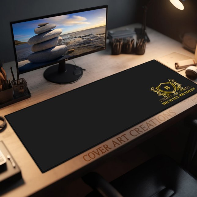 Black and Gold Modern Monogram Name  Desk Mat (Creator Uploaded)