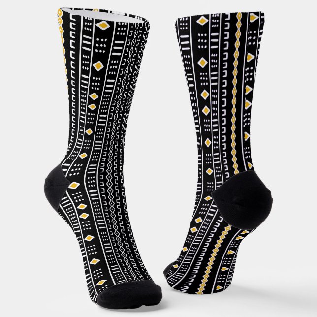 Black And Gold Modern Mud Cloth Socks (Angled)