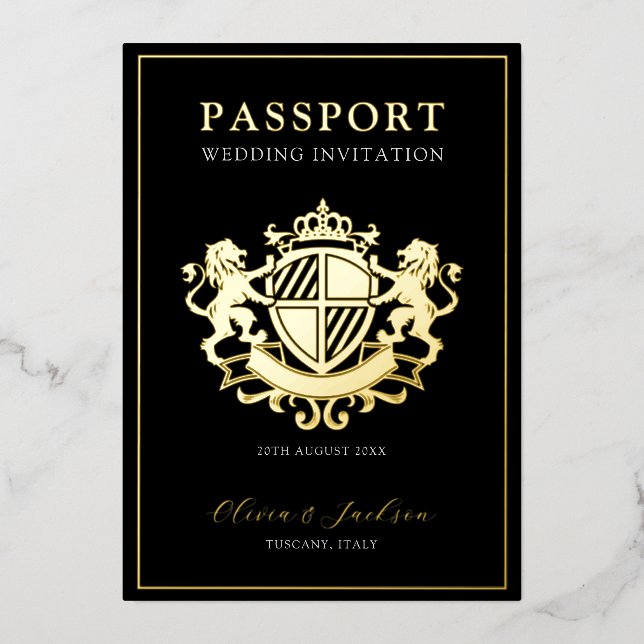 Black and Gold Modern Passport Wedding Invitation  (Front)