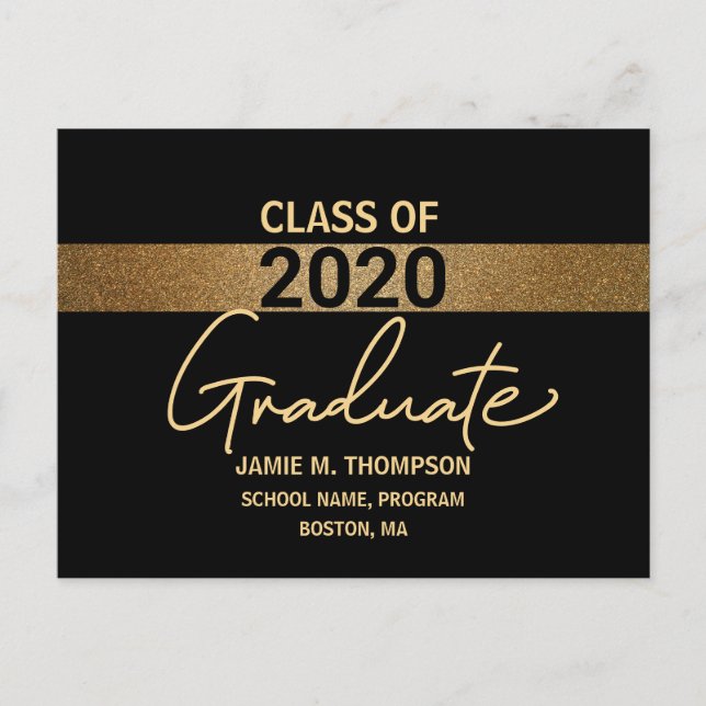 Black and Gold Modern Personalised Graduate script Announcement Postcard (Front)