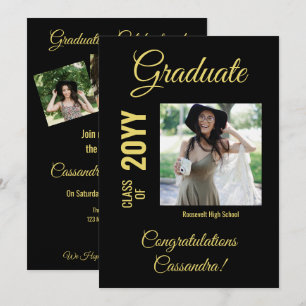 Black and Gold Modern Photo Graduation Party Invitation