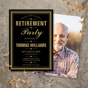 Black And Gold Modern Photo Retirement Party Invitation