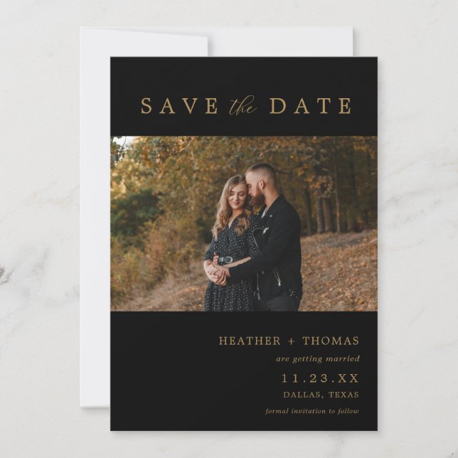 Black and Gold Modern Photo Save The Dates Invitation (Front)