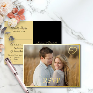 Black and gold Modern Photo Wedding RSVP Foil Invitation Postcard