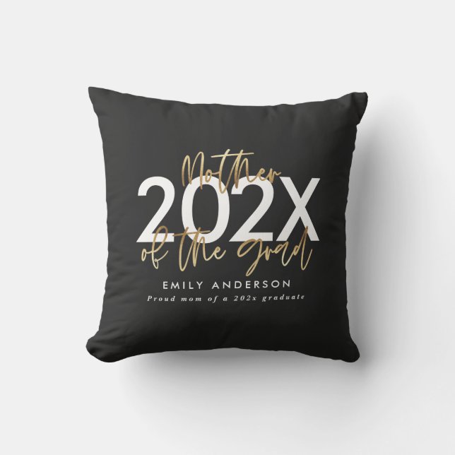 Black and gold modern script photo graduation cushion (Front)