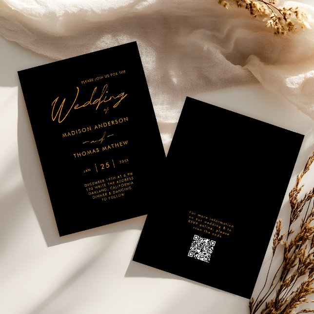 Black and Gold Modern Typography RSVP Wedding Invitation (Front / Back)