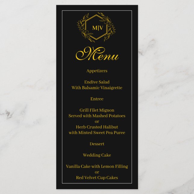 Black and gold Monogram Crest Menu (Front)