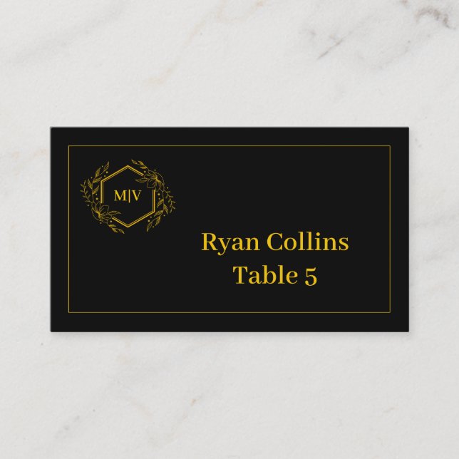 Black and Gold Monogram Crest Place Cards (Front)