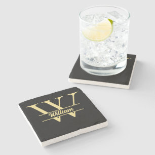 Black and Gold Monogram   Elegant Initial Name  Stone Coaster