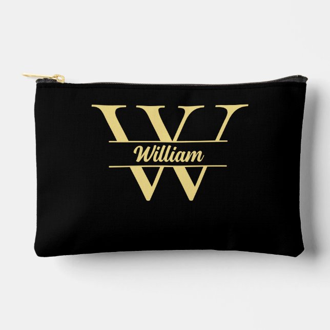 Black and Gold Monogram | Elegant Initial Script  Accessory Pouch (Front)