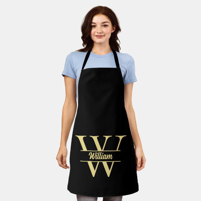  Black and Gold Monogram | Elegant Initial Script Apron (Worn)