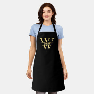 Black and Gold Monogram   Elegant Initial Script Apron