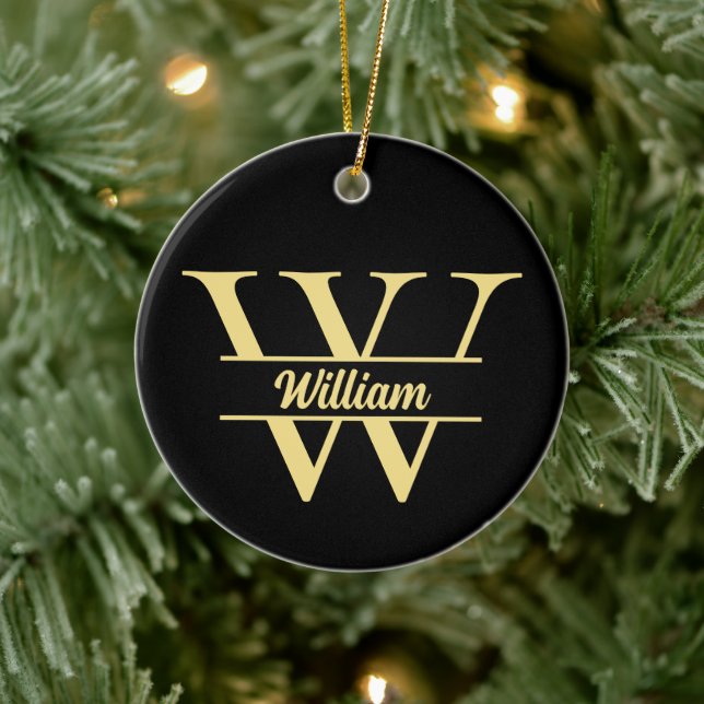  Black and Gold Monogram | Elegant Initial Script Ceramic Ornament (Tree)