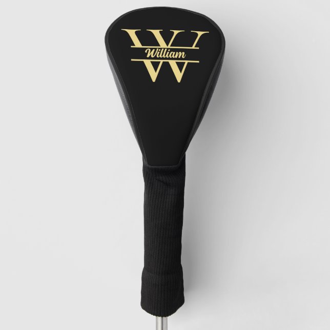  Black and Gold Monogram | Elegant Initial Script  Golf Head Cover (Front)