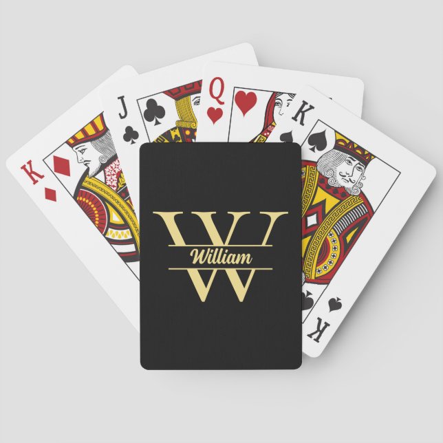  Black and Gold Monogram | Elegant Initial Script Playing Cards (Back)