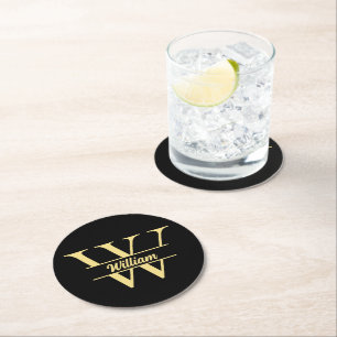 Black and Gold Monogram Elegant Initial Script Round Paper Coaster