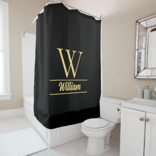 Black and Gold Monogram Elegant Initial Script Shower Curtain