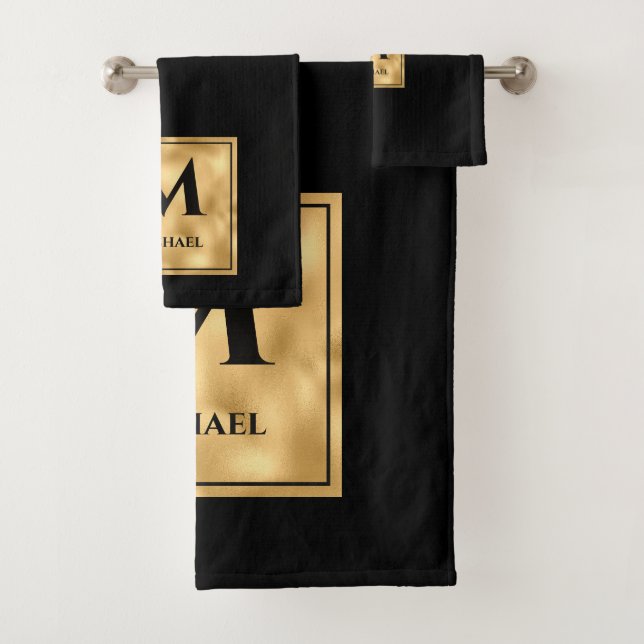 Black and Gold Monogram Elegant Luxury Bath Towel Set (Insitu)