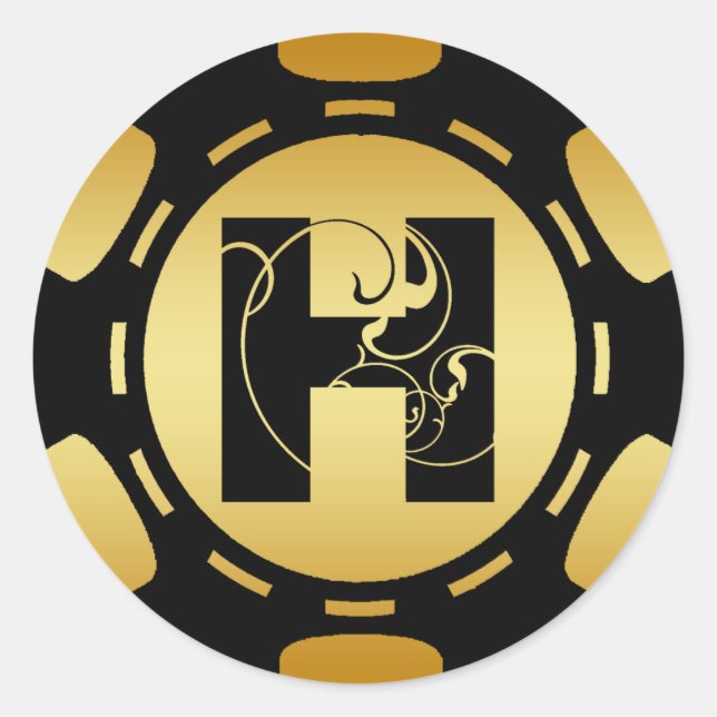 BLACK AND GOLD MONOGRAM LETTER H POKER CHIP CLASSIC ROUND STICKER (Front)