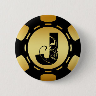 BLACK AND GOLD MONOGRAM LETTER J POKER CHIP 6 CM ROUND BADGE