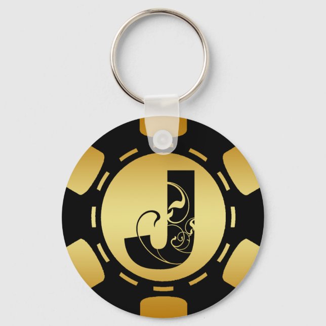 BLACK AND GOLD MONOGRAM LETTER J POKER CHIP KEY RING (Front)