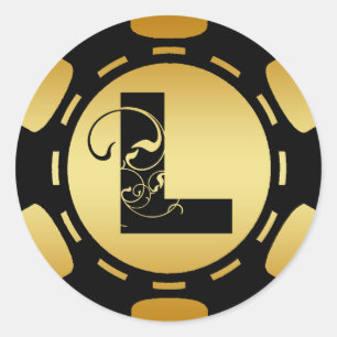 BLACK AND GOLD MONOGRAM LETTER L POKER CHIP CLASSIC ROUND STICKER