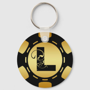 BLACK AND GOLD MONOGRAM LETTER L POKER CHIP KEY RING