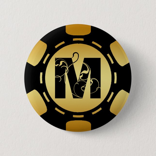 BLACK AND GOLD MONOGRAM LETTER M POKER CHIP 6 CM ROUND BADGE (Front)