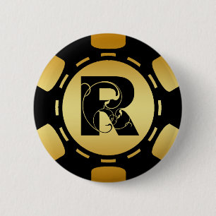 BLACK AND GOLD MONOGRAM LETTER R POKER CHIP 6 CM ROUND BADGE