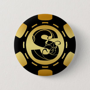 BLACK AND GOLD MONOGRAM LETTER S POKER CHIP 6 CM ROUND BADGE