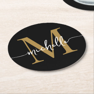 Black And Gold Monogram Name Elegant Script  Round Paper Coaster
