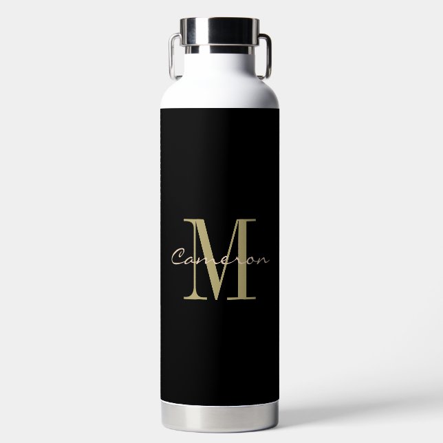 Black and Gold Monogram Personalised Gift Water Bottle (Front)