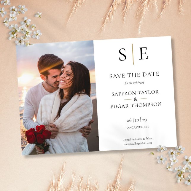Black And Gold Monogram Photo Wedding Save The Date (Black And Gold Monogram Photo Wedding Save The Date)