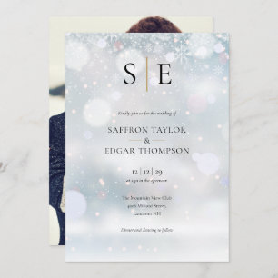 Black And Gold Monogram Photo Winter Wedding Invitation