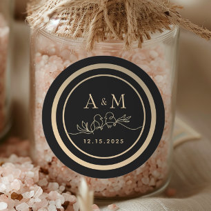 Black and Gold Monogram Wedding Favour Classic Round Sticker