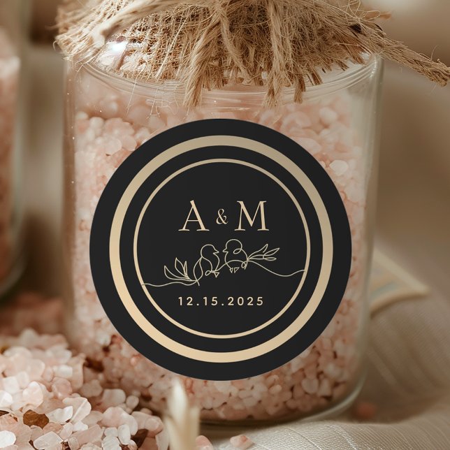 Black and Gold Monogram Wedding Favour Classic Round Sticker (Creator Uploaded)