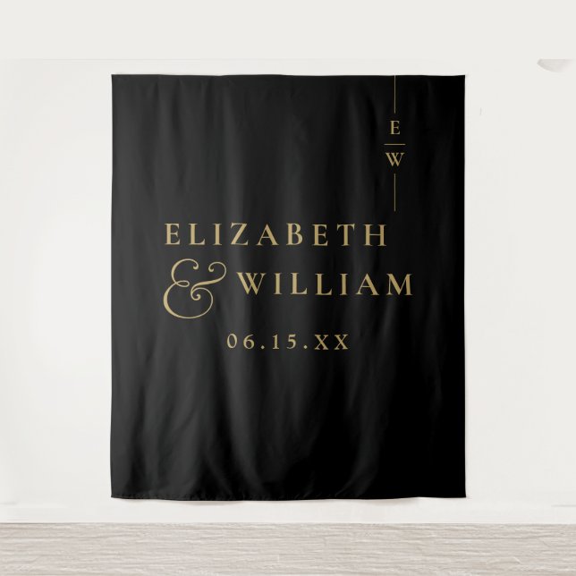 Black And Gold Monogram Wedding Photo Backdrop Tapestry (Front)